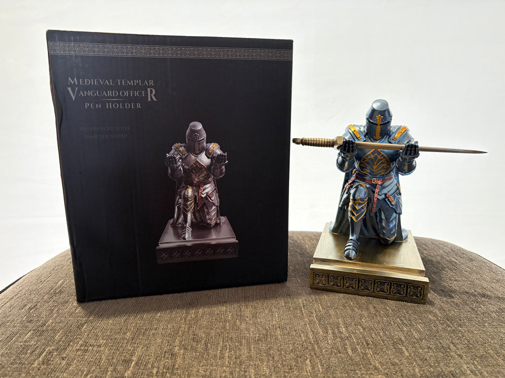 Medieval Armoured Knight Pen Holder Figurine Paperweight Phone Stand Iron Warrior Wearing Outerwear, Resin Bookends, Fancy Desk Organizers Pencil Stand with a Metal Letter Opener for Home and Office