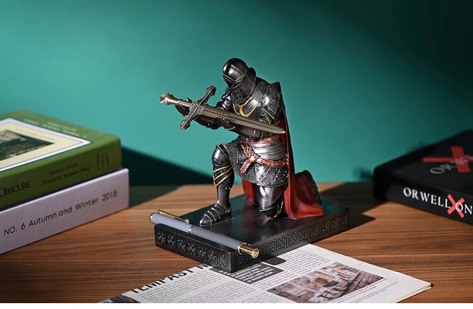 Medieval Armoured Knight Pen Holder Figurine Paperweight Phone Stand Iron Warrior Wearing Outerwear, Resin Bookends, Fancy Desk Organizers Pencil Stand with a Metal Letter Opener for Home and Office