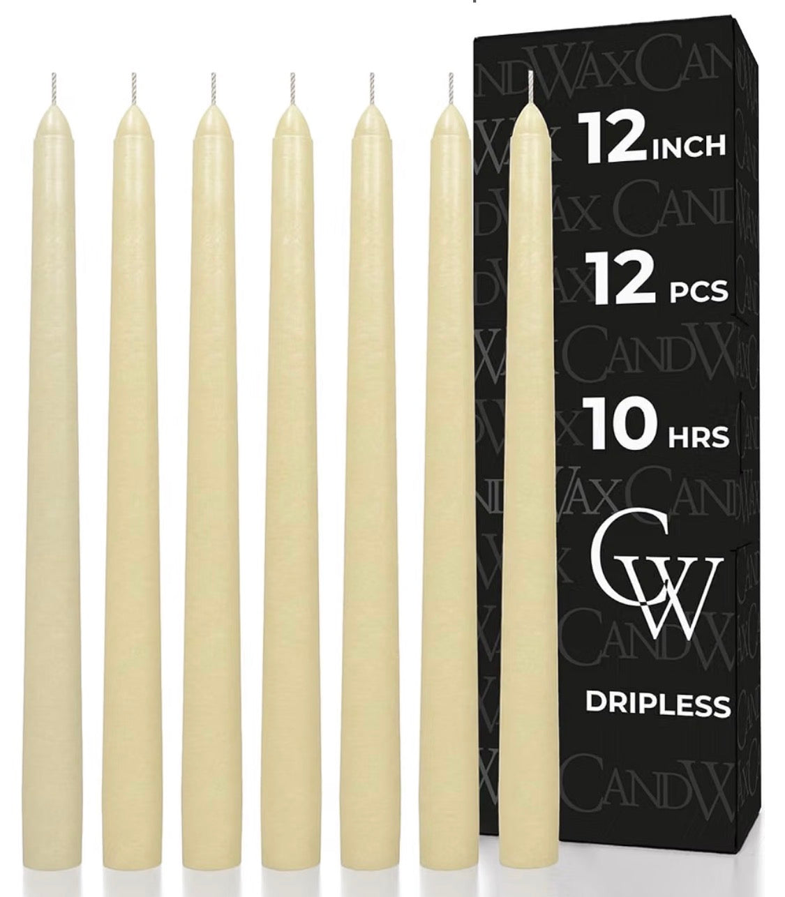 CANDWAX 30 cm Ivory Taper Candles Set of 12 - Unscented Smokeless Dripless Christmas Candlesticks - Perfect as Dinner Table Center pieces and Holiday Home Decorations - Christmas Taper Candles