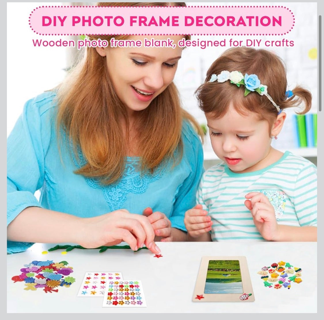 XIATIAN Picture Frame Painting Craft Kit, 4 Pcs Picture Frame Craft Set Wood Colour Picture Frame Set with Glitter Stickers Glitter Stones, Craft Photo Frame Picture Frame Kits for Kids Gift