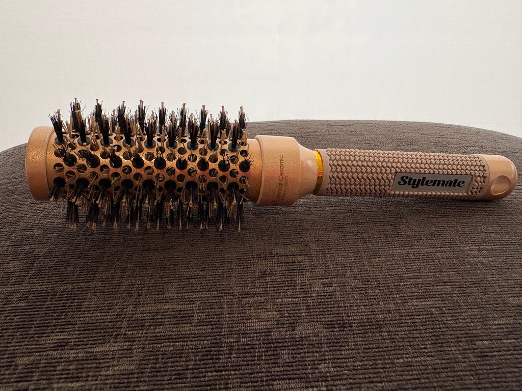 STYLEMATE 60mm Round Hair Brush for Blow Out, Thermal Ceramic & Ionic Tech, Boar Bristle, Roller Brush for Blow Drying and Styling & includes 4 free clips.