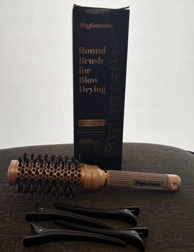 STYLEMATE 60mm Round Hair Brush for Blow Out, Thermal Ceramic & Ionic Tech, Boar Bristle, Roller Brush for Blow Drying and Styling & includes 4 free clips.