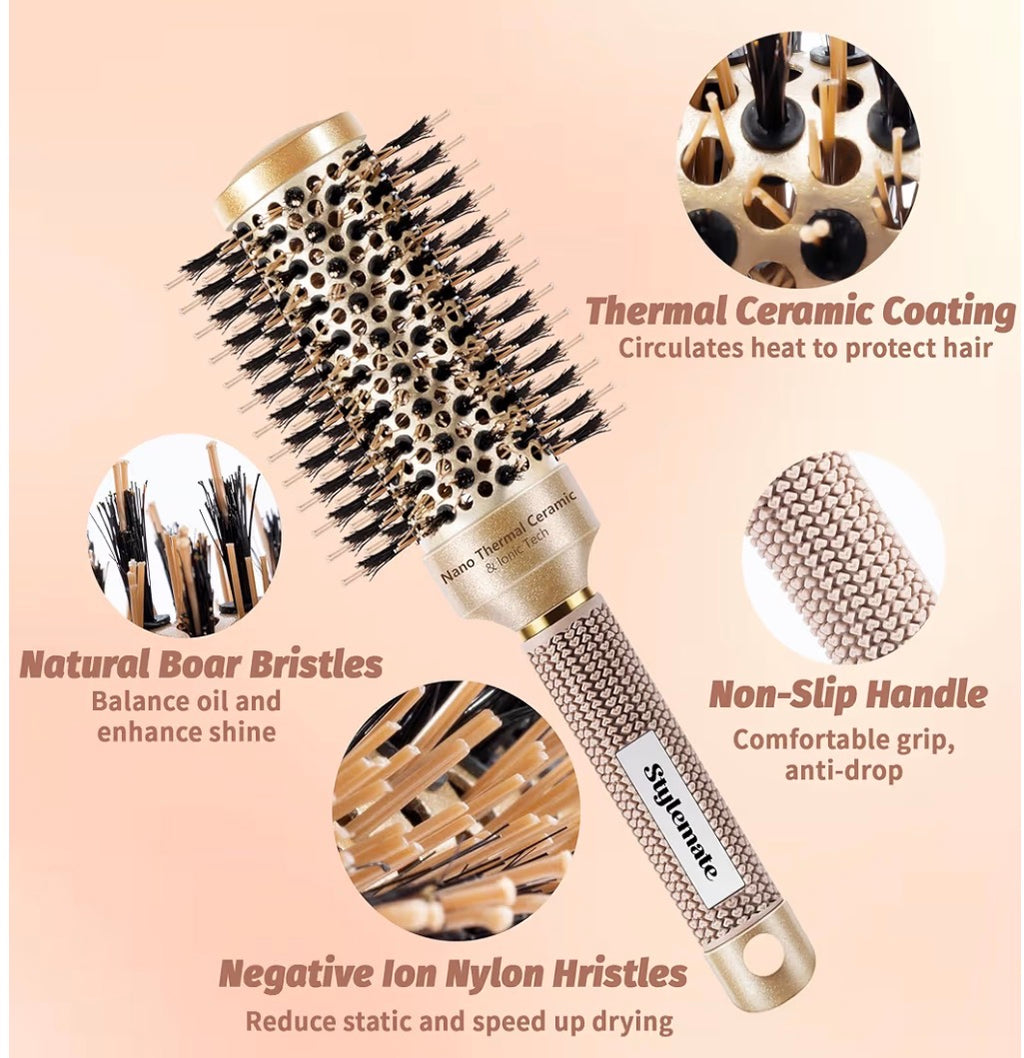 STYLEMATE 60mm Round Hair Brush for Blow Out, Thermal Ceramic & Ionic Tech, Boar Bristle, Roller Brush for Blow Drying and Styling & includes 4 free clips.