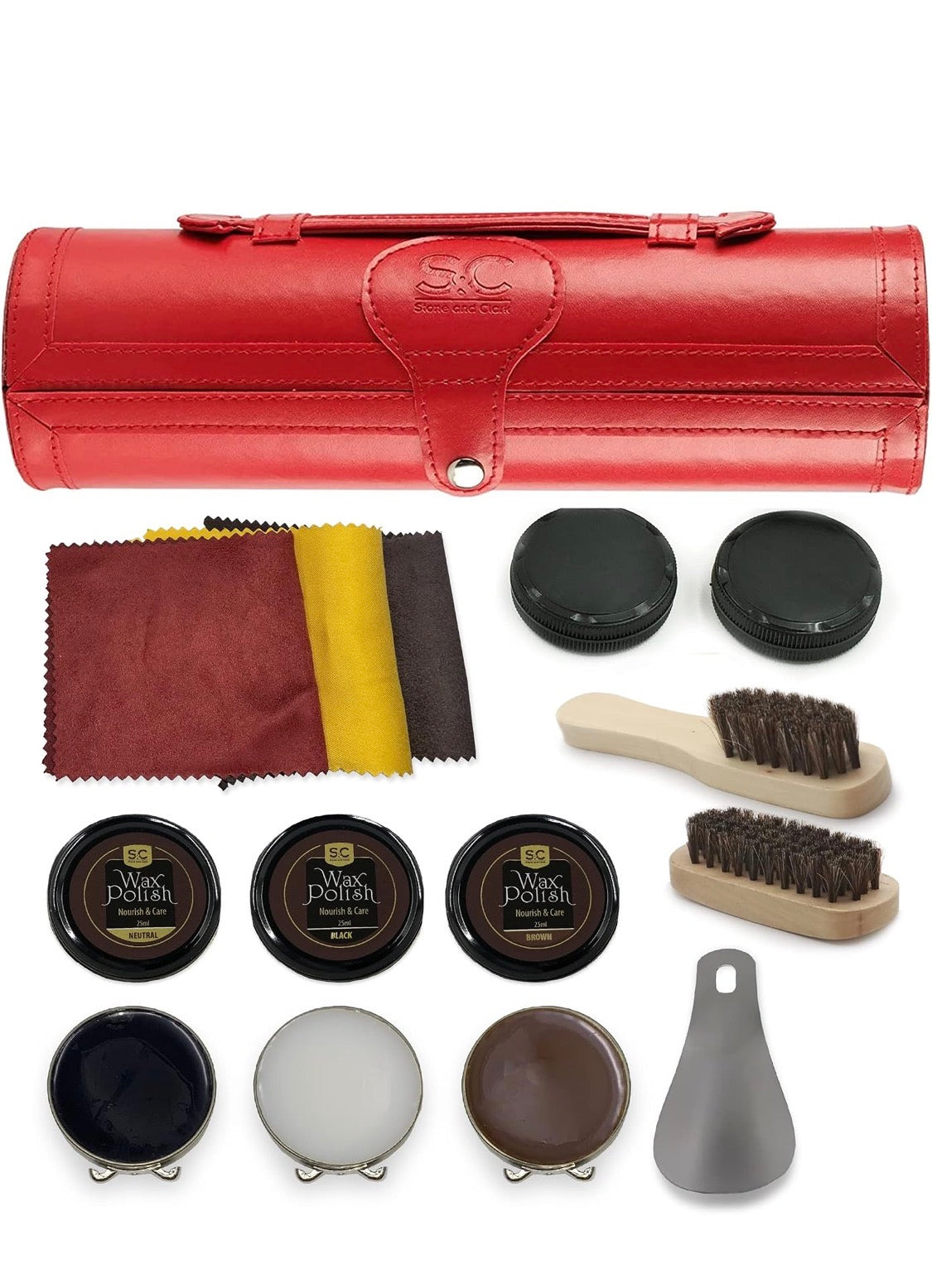 Stone and Clark Shoe Polish Kit 12 Piece Leather Shoe Shine Set Black, Dark Brown & Neutral Wax, Horsehair Brushes, Microfibre Cloths, PU Leather Case 24x7.5cm, For Genuine & Faux Leather