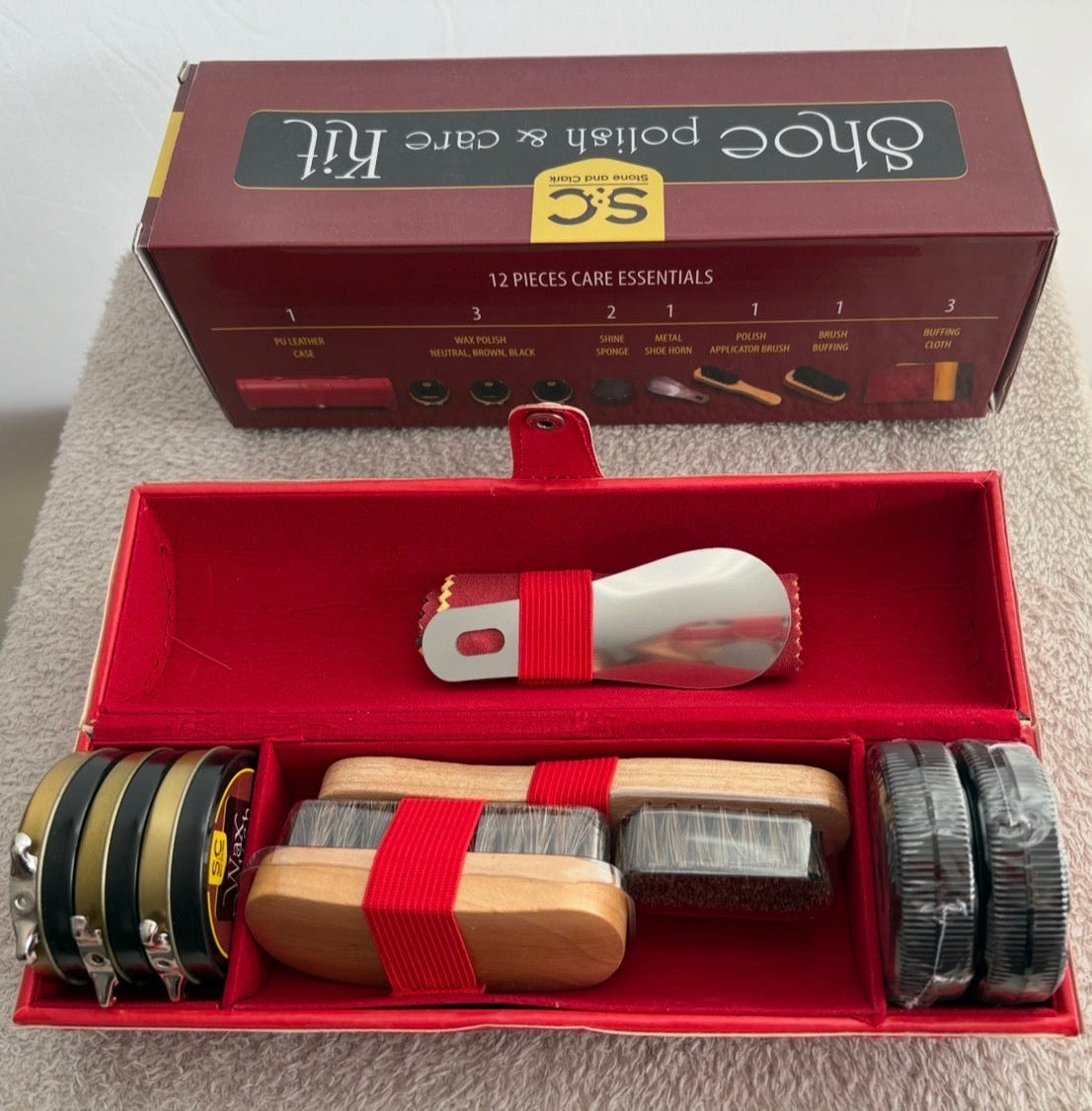 Stone and Clark Shoe Polish Kit 12 Piece Leather Shoe Shine Set Black, Dark Brown & Neutral Wax, Horsehair Brushes, Microfibre Cloths, PU Leather Case 24x7.5cm, For Genuine & Faux Leather
